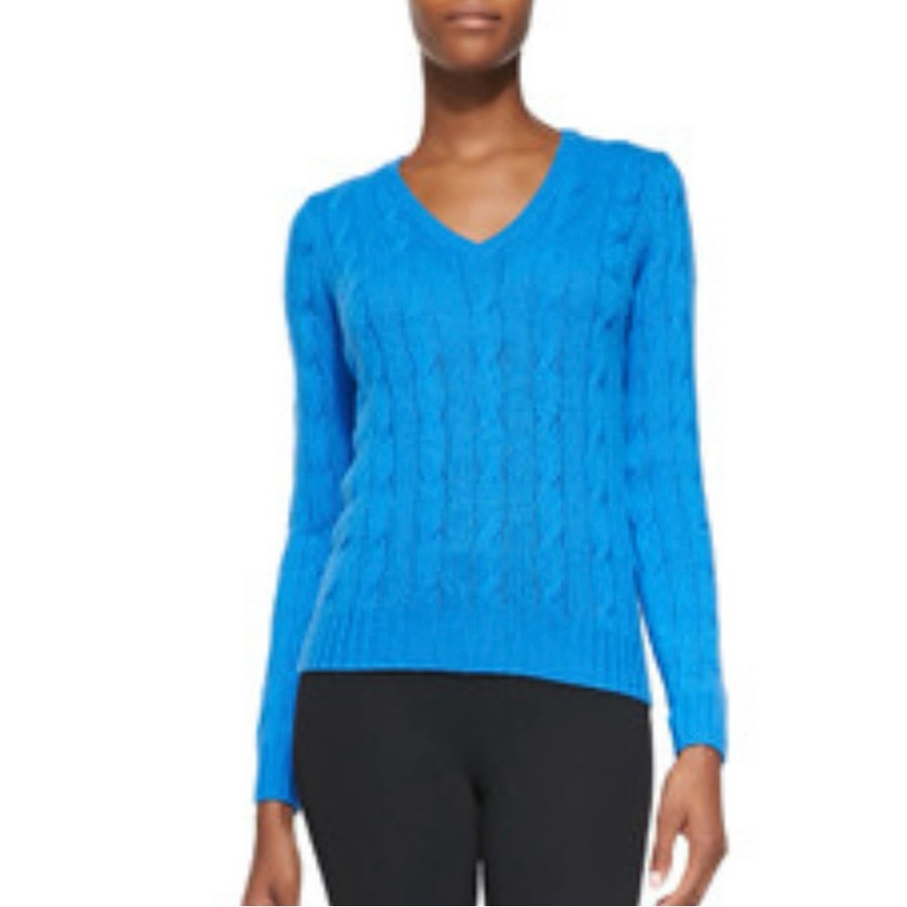 Turquoise Blue V Neck Cable Knit Sweater Size Small